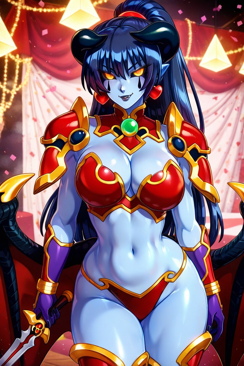 Wearing Red Bra And Gold Trim, Red Eyes, Holding A Dagger Hentai IA