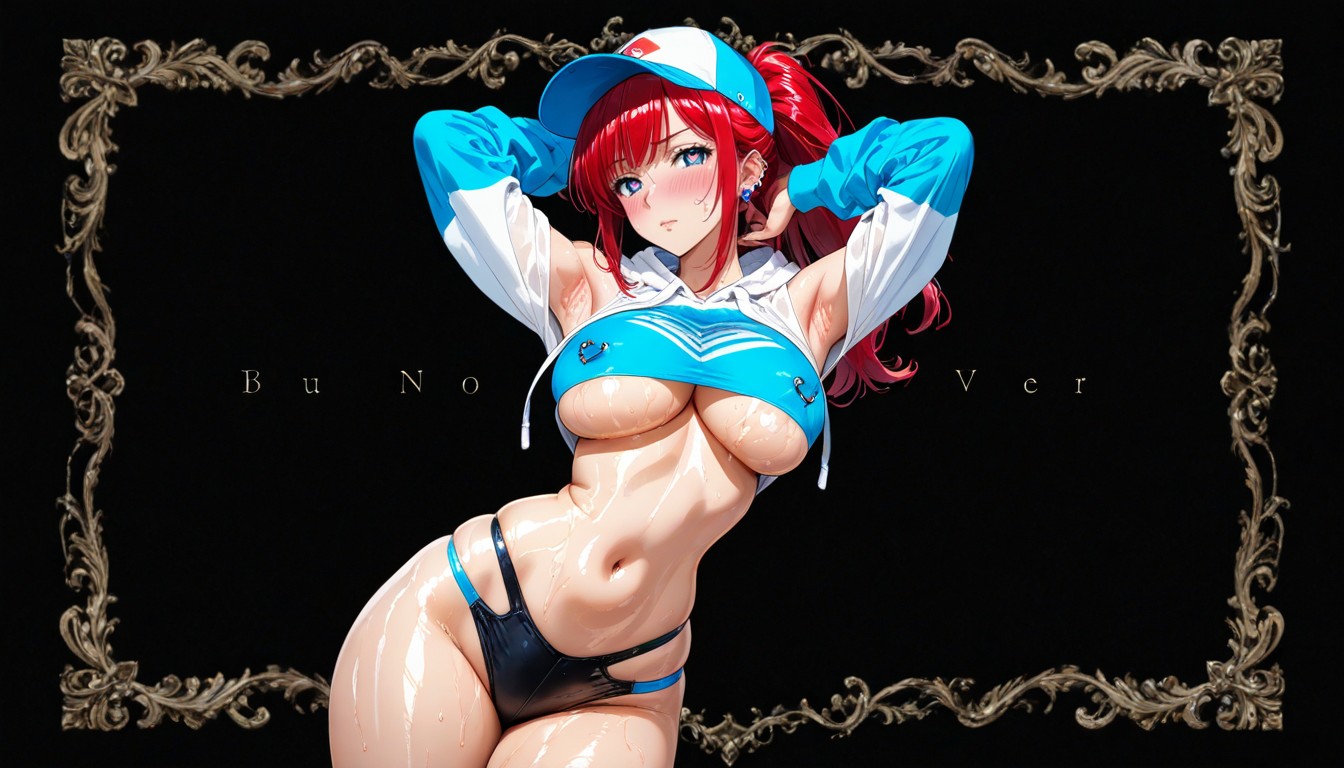 Ponytail Hair Style, Parted Slightly To The Side, Oiled Skin Hentai AI Porn