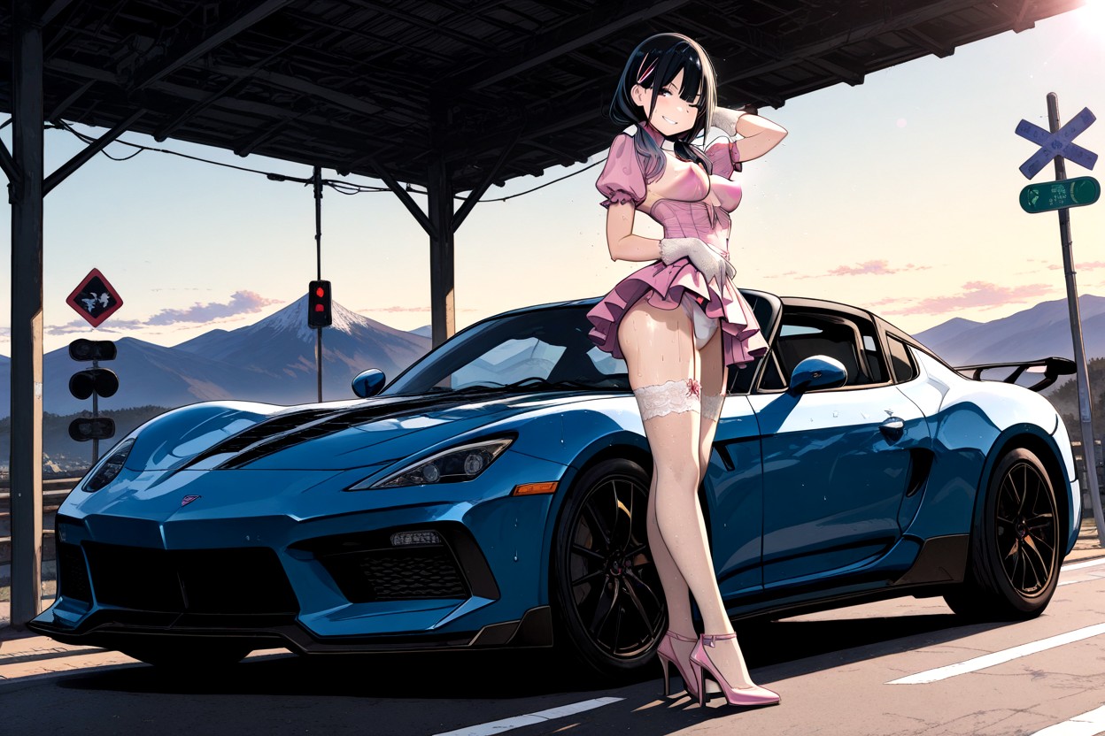 One Hand On Waist, 18+, Black Hair With Light Green And Pink Highlights Hentai IA