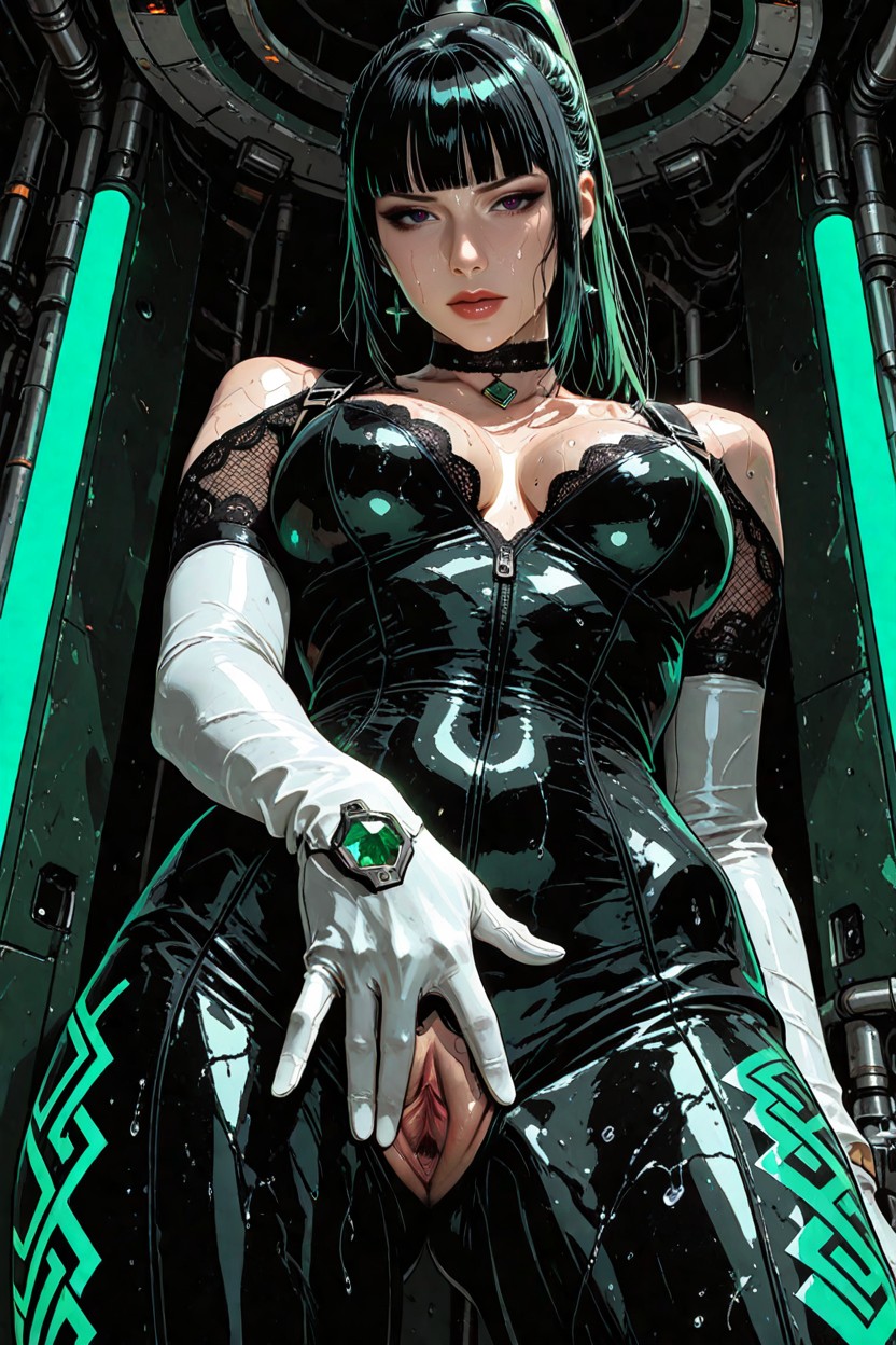 Green And White Futuristic Bodysuit, White Gloves With Green Markings, Soft Facial Proportions Hentai AI Porn