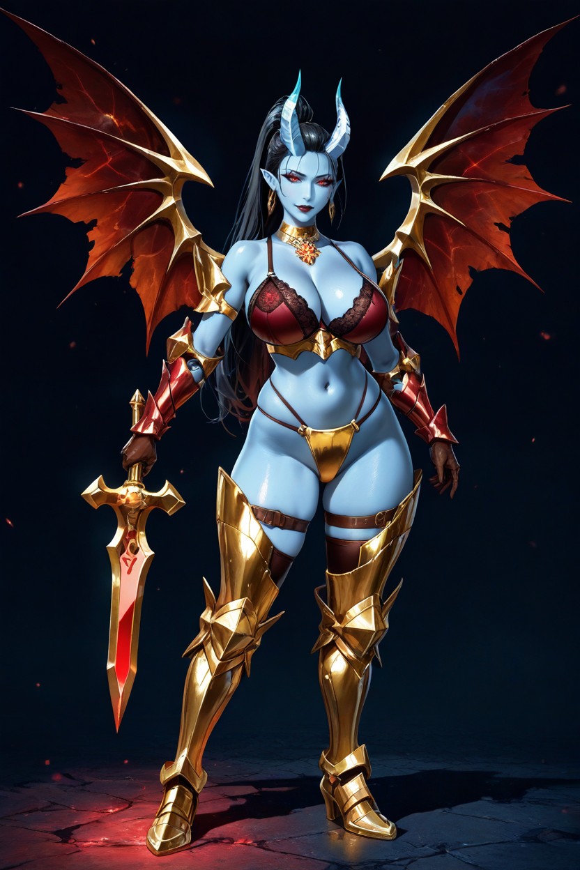 Game Splash Art Style, Soft Studio Lighting, Wearing High Red And Gold Armored Boots Hentai IA
