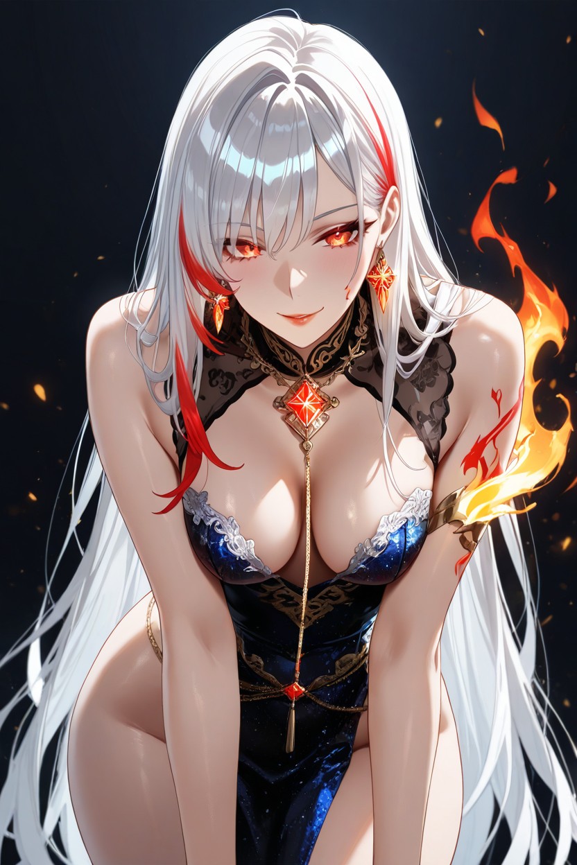 Long Legs, Glowing Flame-to-frost Tattoo On Décolleté And Lower Back, Captivating Eyes Hentai AI Porn