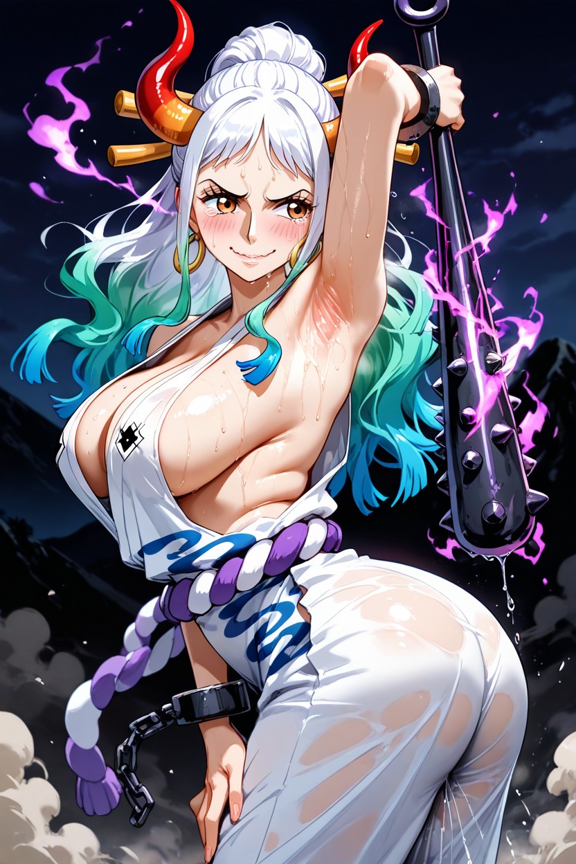 Night, Sweaty, Showing Perfect Rounded Sideboob Hentai AI Porn