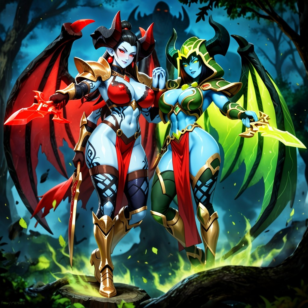 Full Body View, Glowing Green Leaf Gauntlets For Hands, Black Sharp Eyeliner Hentai IA