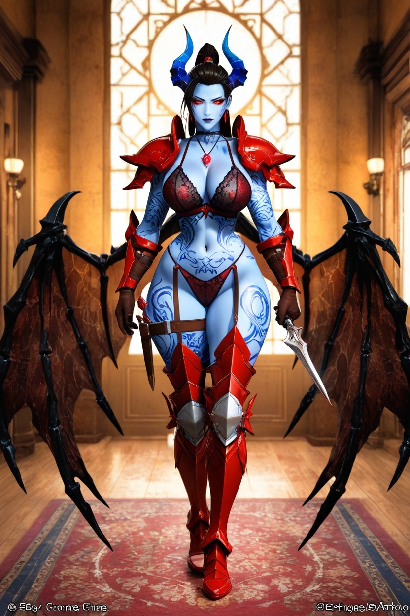 Blue Skin, Centered, Wearing High Red Armored Boots Hentai AI Porn