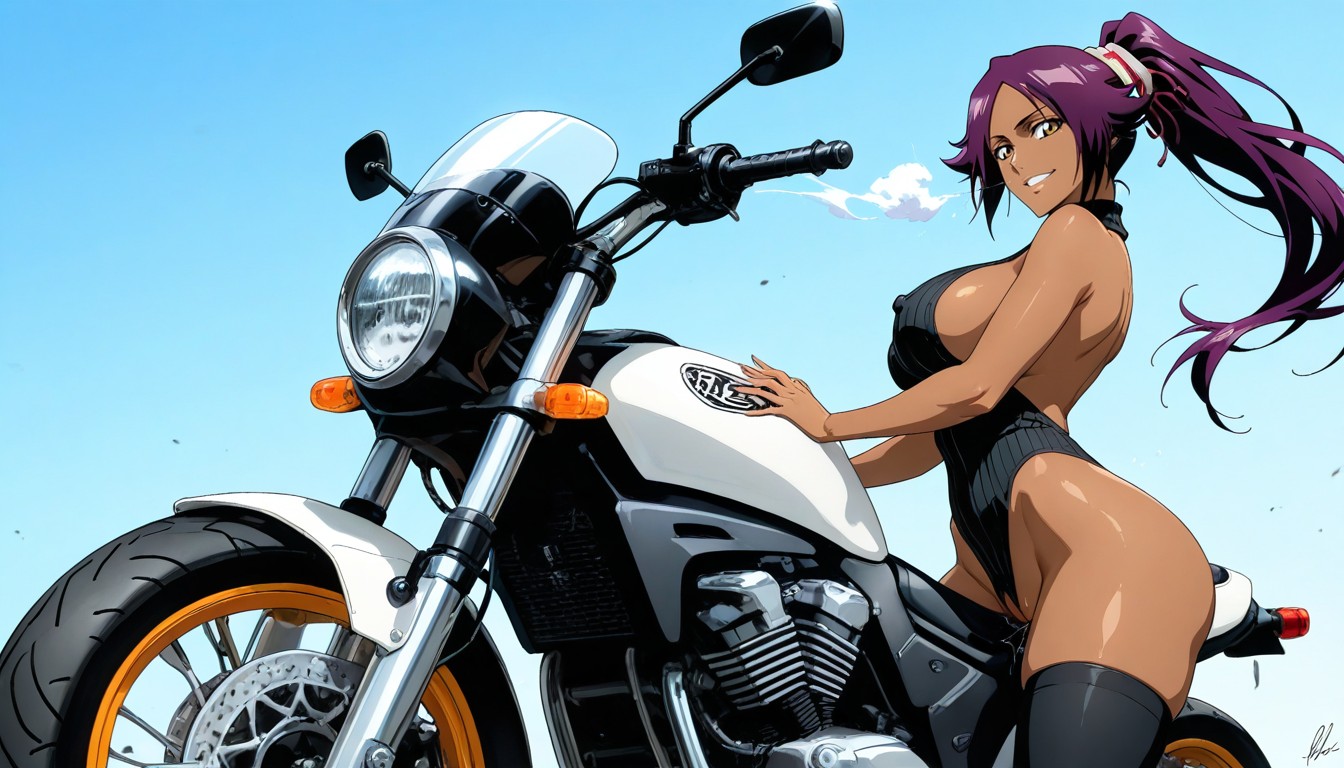 Grey Motorcy, Dynamic Pose, Purple Hair Hentai AI Porn