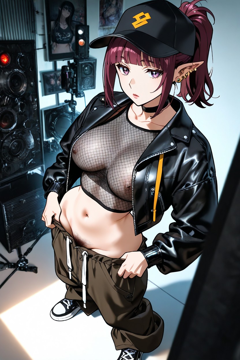 Gold Ear Piercings, Left Hand On Pants, Glancing At Viewer Hentai AI Porn