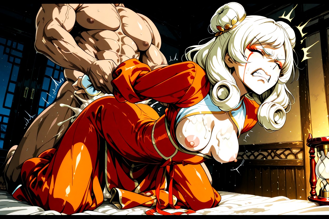 Refined Makeup, Sweaty, Her Upper Body Clothes Is Opened And Expose Her Breasts And Nipples Hentai AI Porn