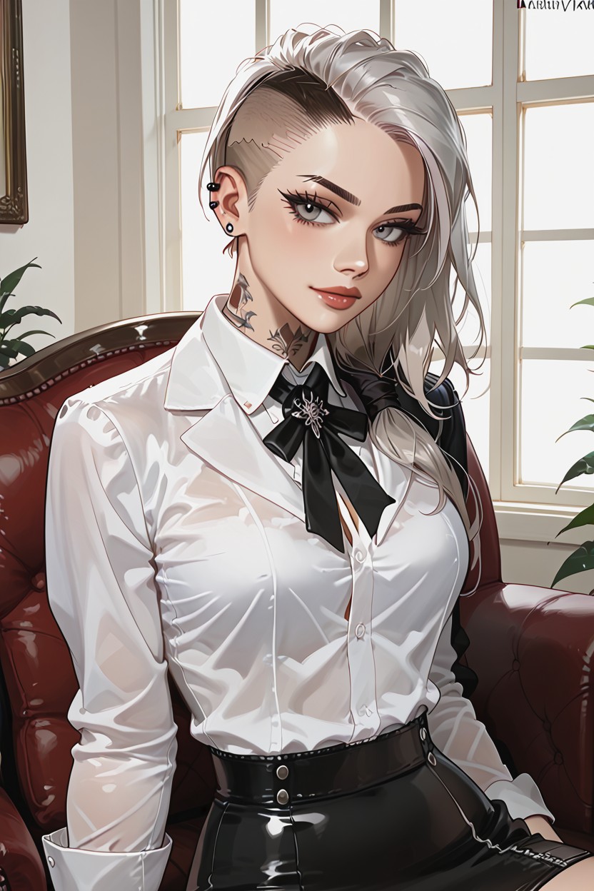 Aggressive Side-swept Bangs, Leather Armchair, Muscular Hentai AI Porn
