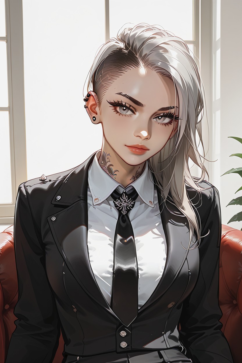 Muscular, Blazer Unbuttoned, Aggressive Side-swept Bangs Hentai AI Porn