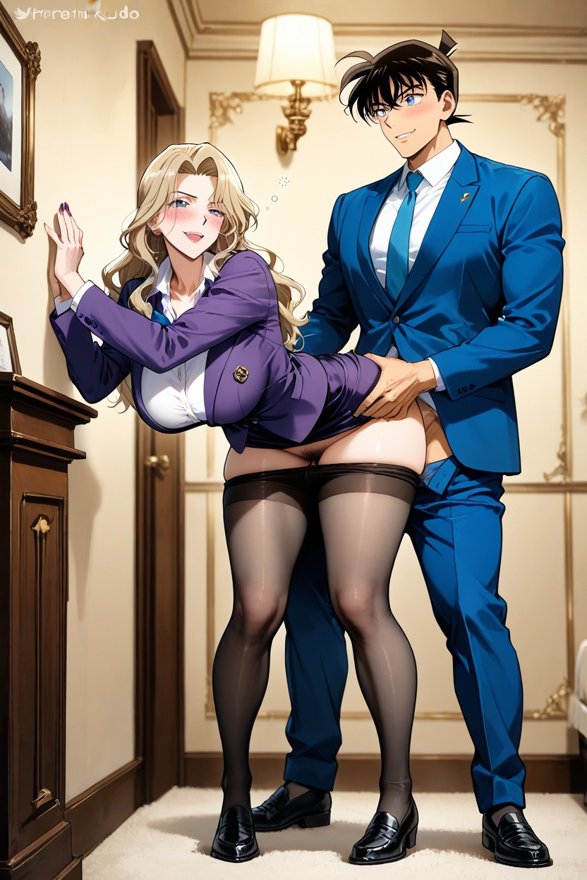 Wearing Female Teacher Uniform Purple Suit Jacket, Horny, Sharp Jawline Hentai AI Porn