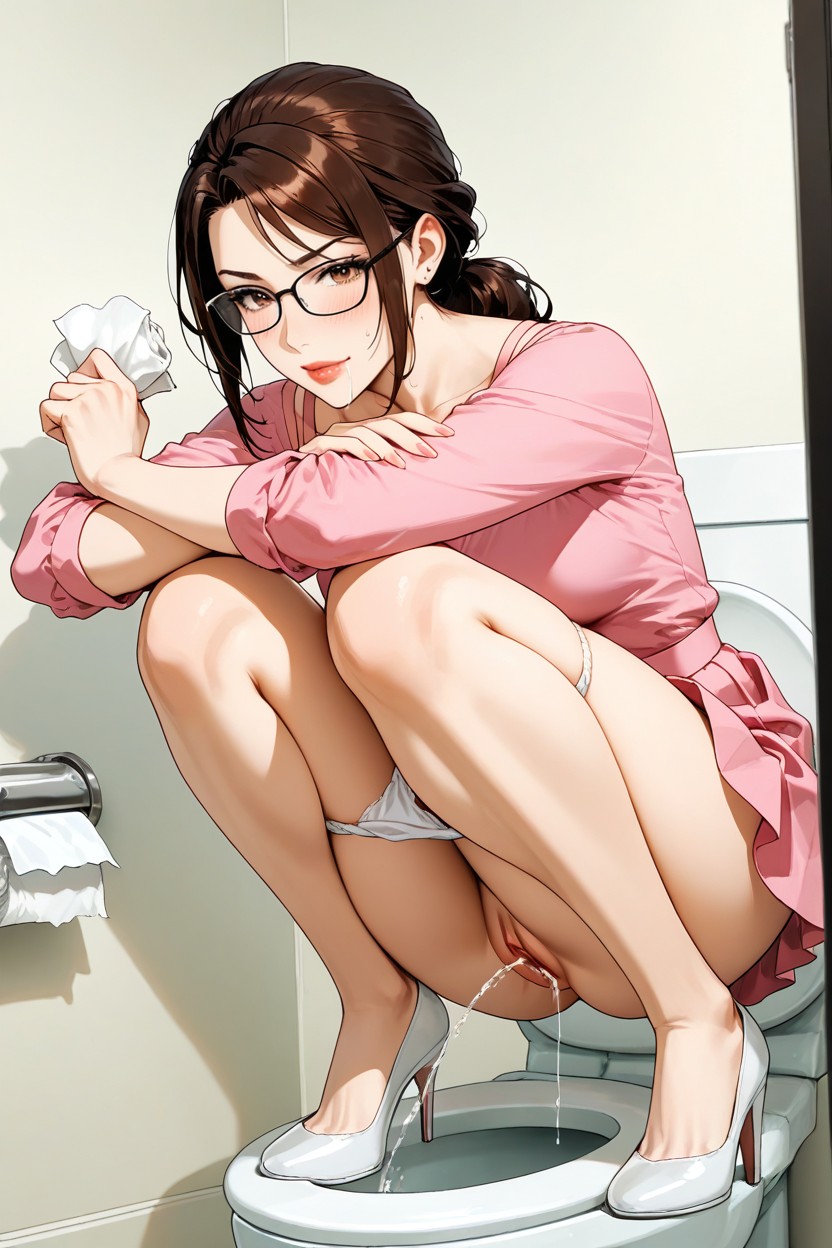 Dripping Pussy, While Squatting She Bent Forward, Glasses Porno IA Hentai