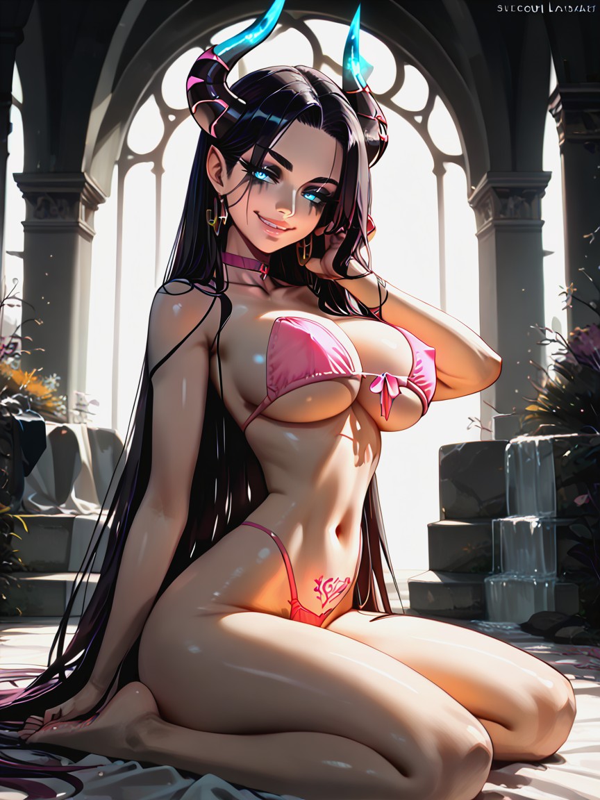 Glowing Succubus Horns, Perfectly Smooth Skin, Top Down View Hentai IA
