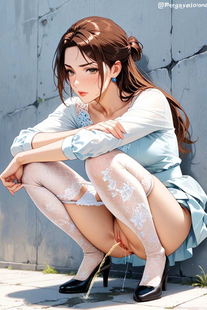 Dark-brown Nylons Pulled Down To Knees With Panties, Wide Spread Feet, Stockings Hentai AI Porn