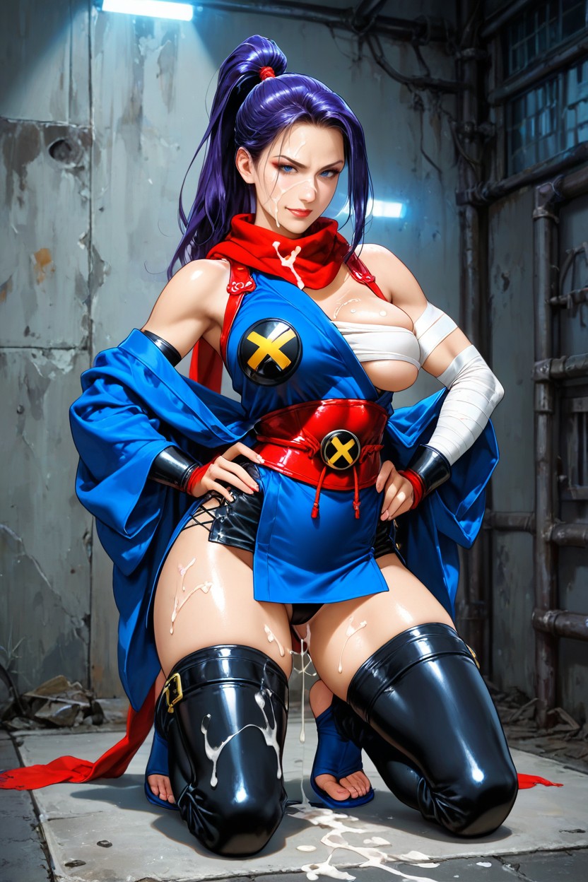 Uniform In Style Ancient Japaness Kunoichi, Deep Purple Hair, Black Armored Mid-thigh Skirt Made From Leather Hentai AI Porn
