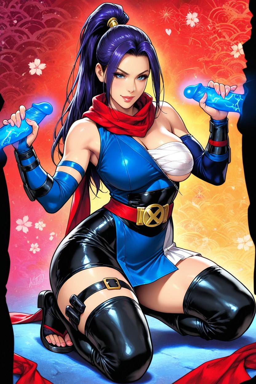 Blue Thigh‑high Stockings, Long Red Scarf Covered Only Lower Part Of The Face, Ninja Style Hentai IA