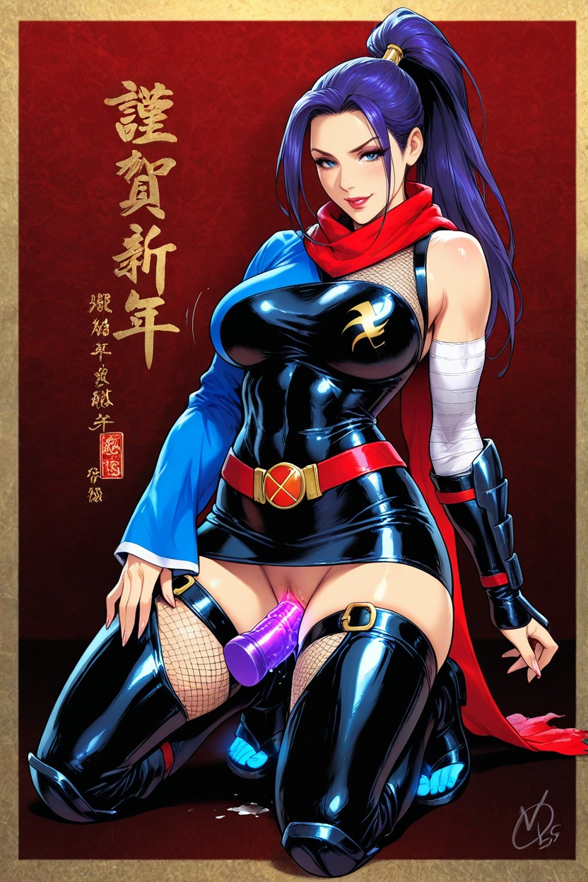 Ponytail, Blue Kimono With One Sleeve And An Open Shoulder, Blue Toe Caps Hentai AI Porn