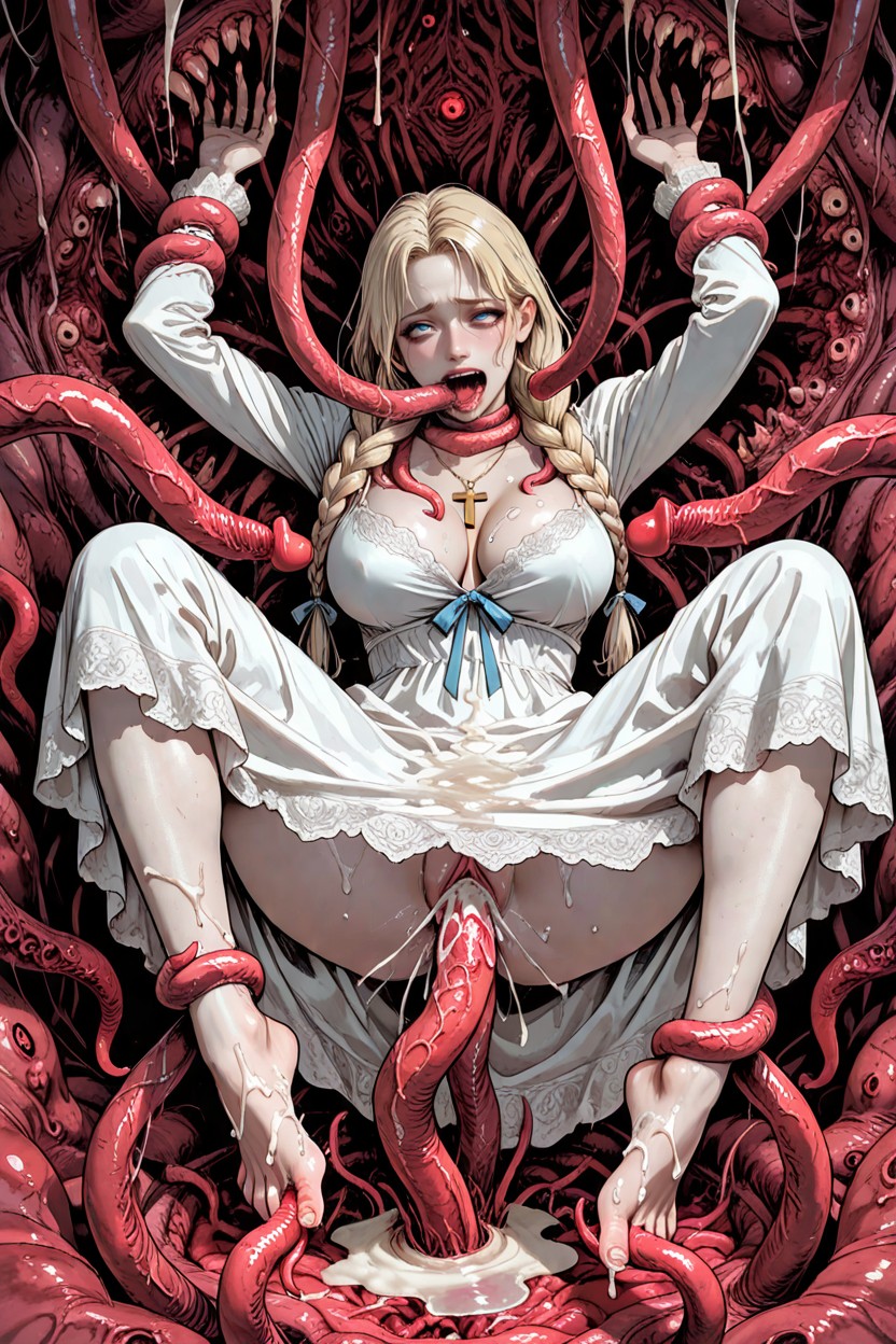 Tentacle Nest, White Nightdress, Gold Cross Necklace Hentai AI Porn