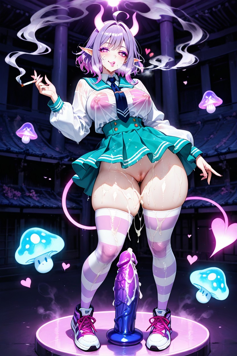 Ultra Detailed Picture, Purple Hair With Golden Highlights, Huge Veiny Dildo Hentai AI Porn