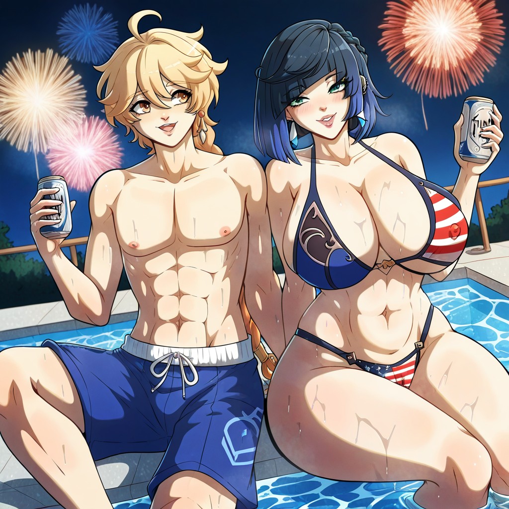One Female, Male Aether And Female Yelan Sitting Next To Each Other, Happy Hentai AI Porn