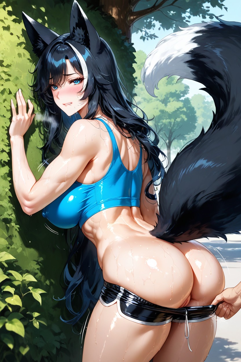 Long Flowing Hair, Exposing Minimalist Shiny Blue V String, Large Breast Hentai AI Porn