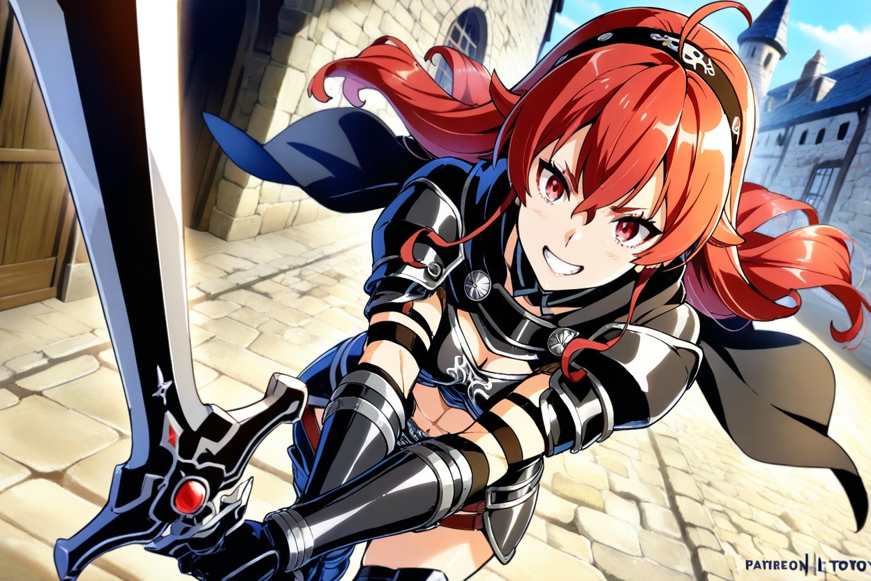 Walking On Medieval Road, Honkai Impact, Female Brandishes Her Sword Hentai AI Porn