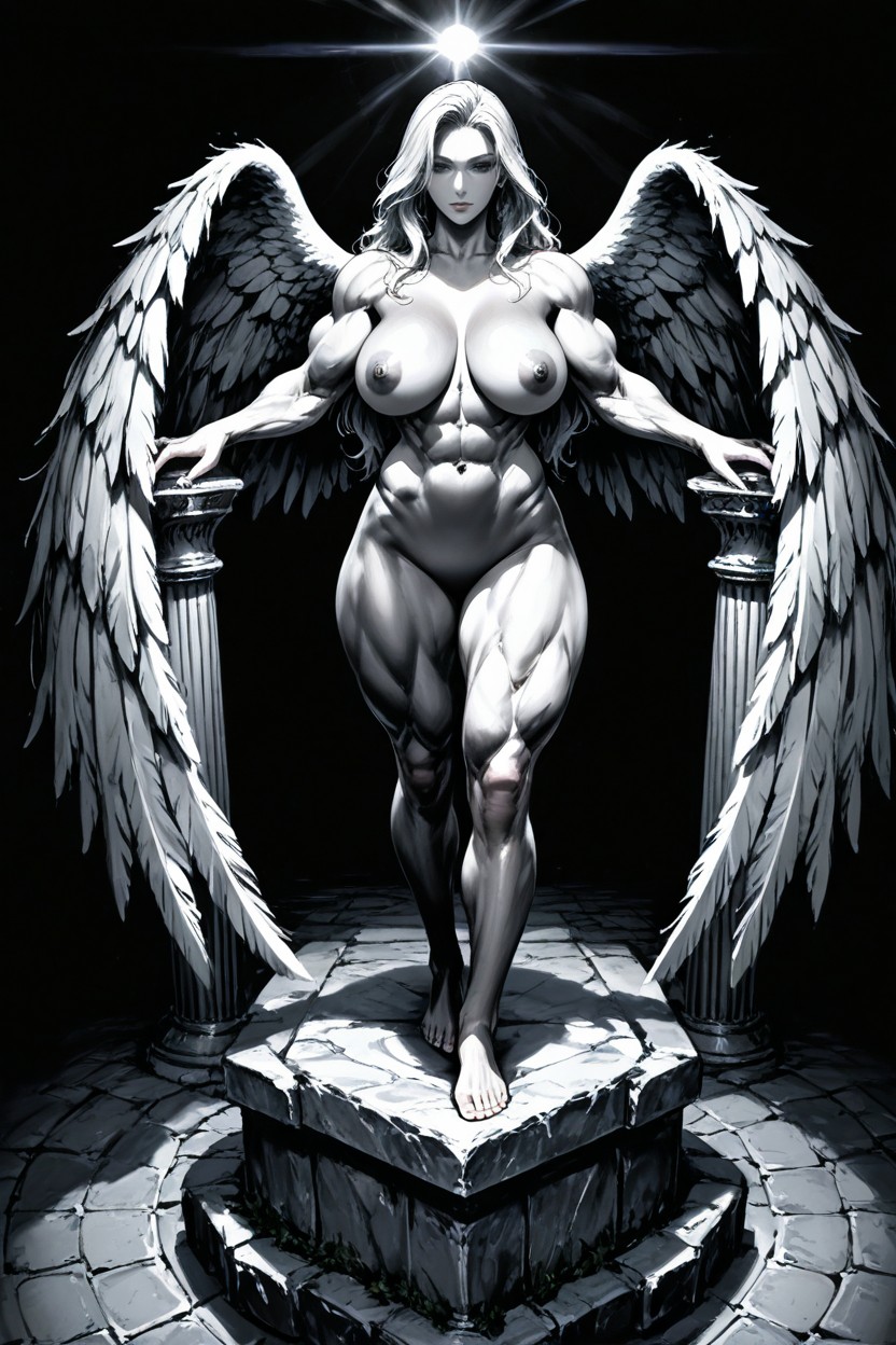 Black Monochrome, Angel Feathered Wings, Navel Hentai AI Porn
