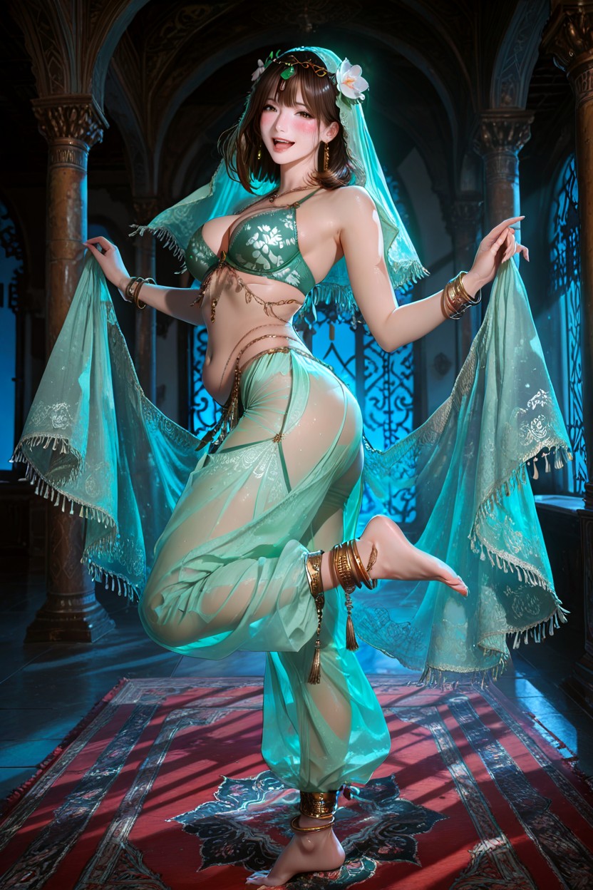 Brown Hair Color, In Dark Large Hall, Transparent Light Green Lace Bra With Flower Pattern Hentai AI Porn