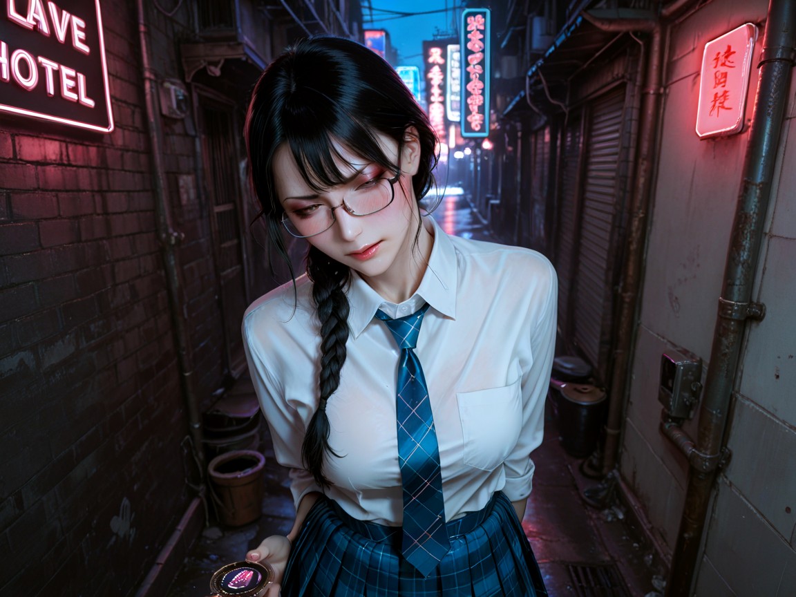 Japonés, Ojos Medio Cerrados, Cold Color Overlay Fills The Frame Hentai IA