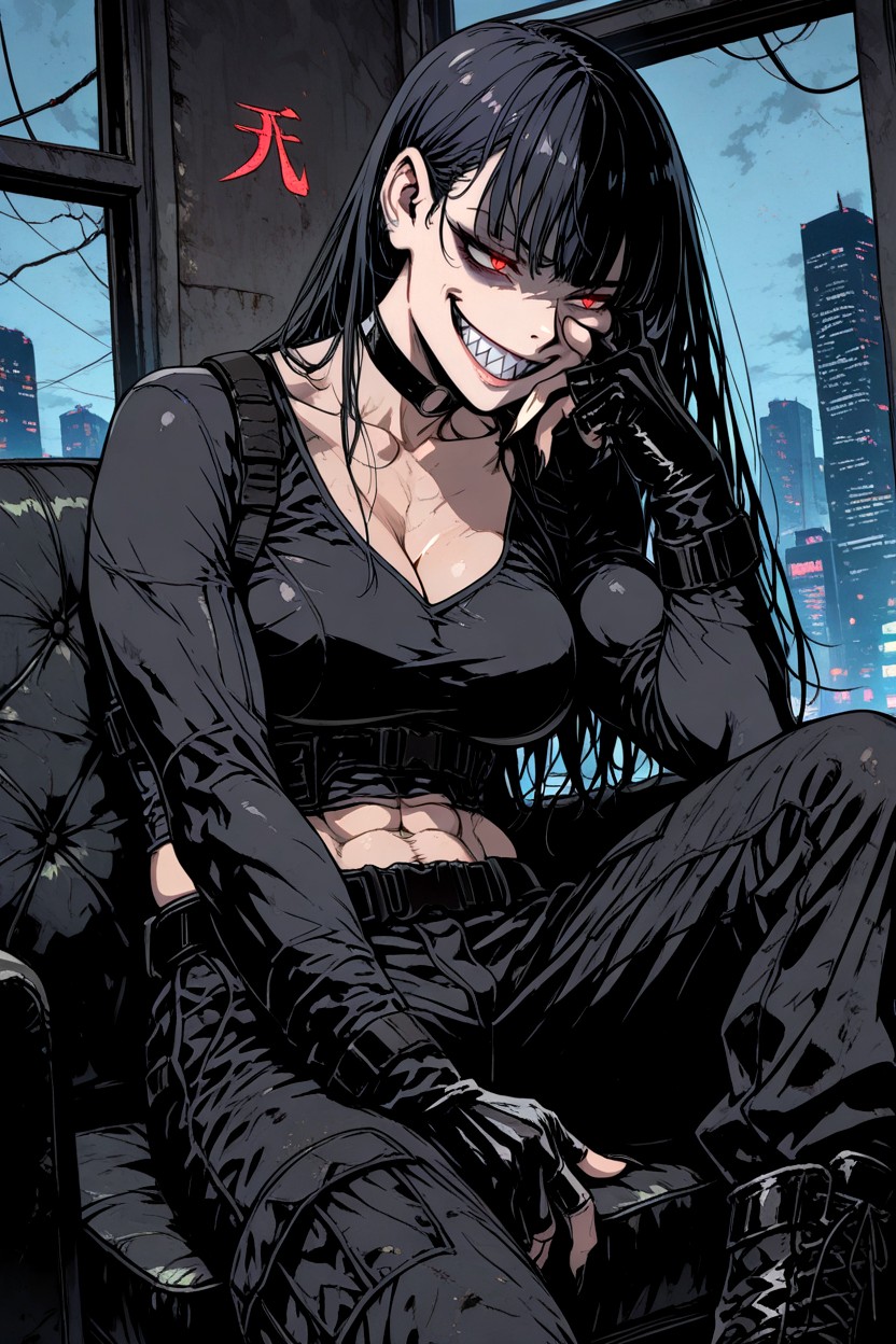 Black Sharp Nails, Showing Midriff, Sanguine Red Shadow Under Eyes Hentai AI Porn