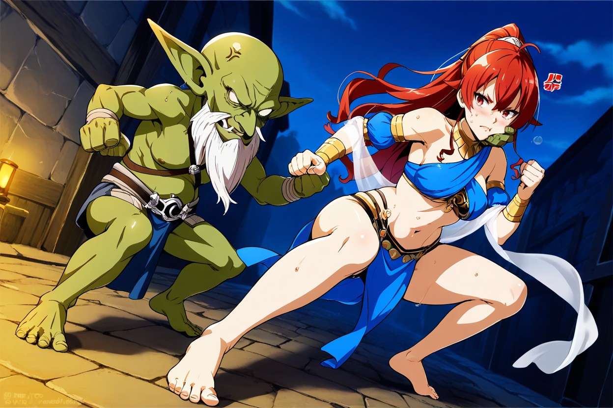 Female's Push Goblin's Cheek With Her Hands, Front View Full Body View, Only Tow Character Hentai IA