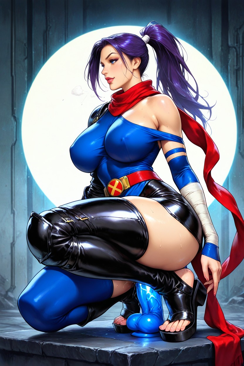 Deep Purple Hair, Dildo Ride, Only Bare Left Shoulders Hentai AI Porn