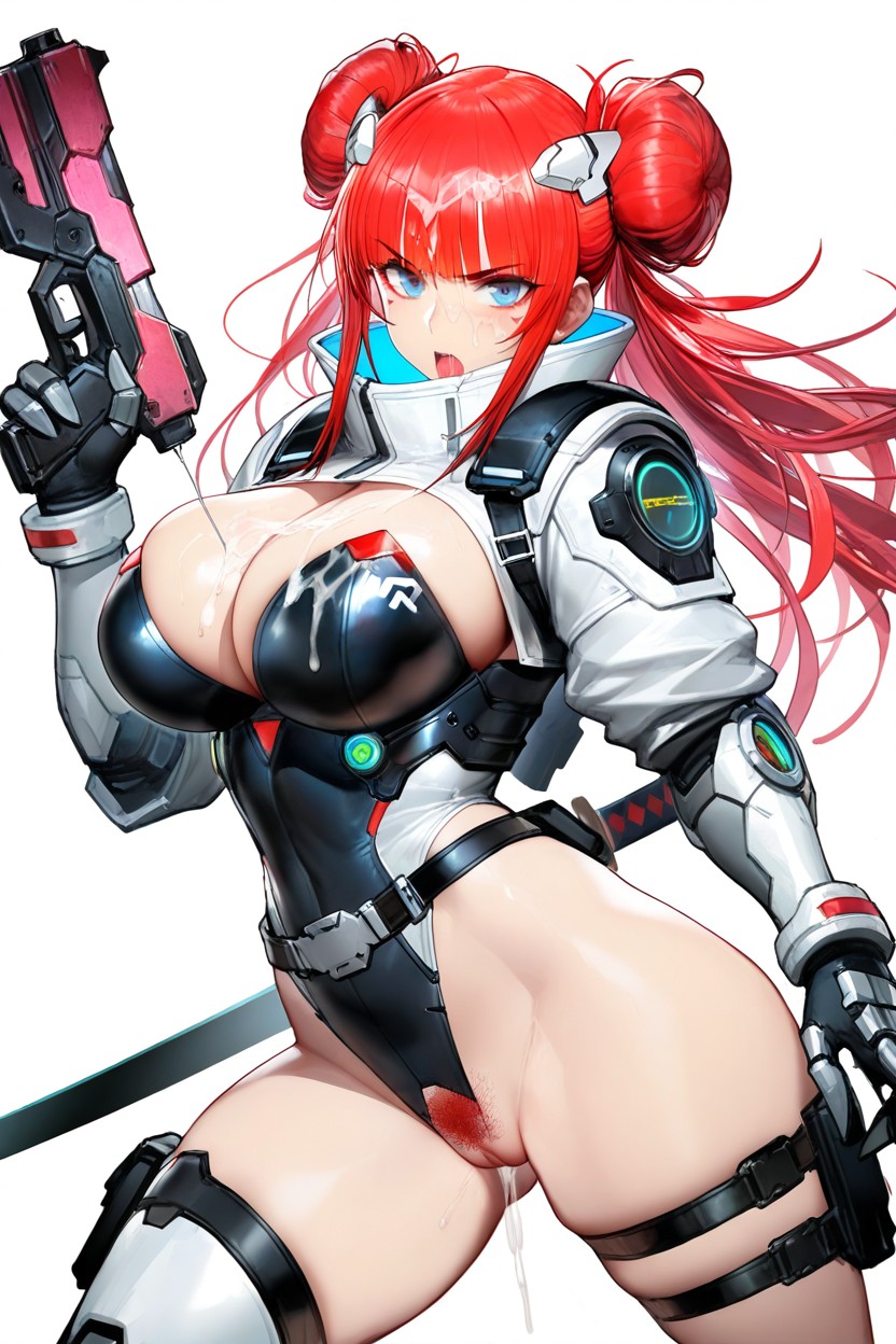 Action Pose, Red Hair, Cyberpunk Weapons Hentai AI Porn