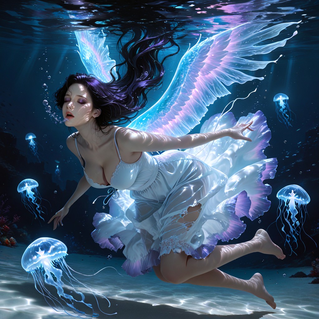 Moody Cerulean And Turquoise, Gothic Atmosphere, Casting Dramatic Shadows And Highlighting The Texture Of Her Dress And Hair Her Arms Extend Elegantly Hentai AI Porn
