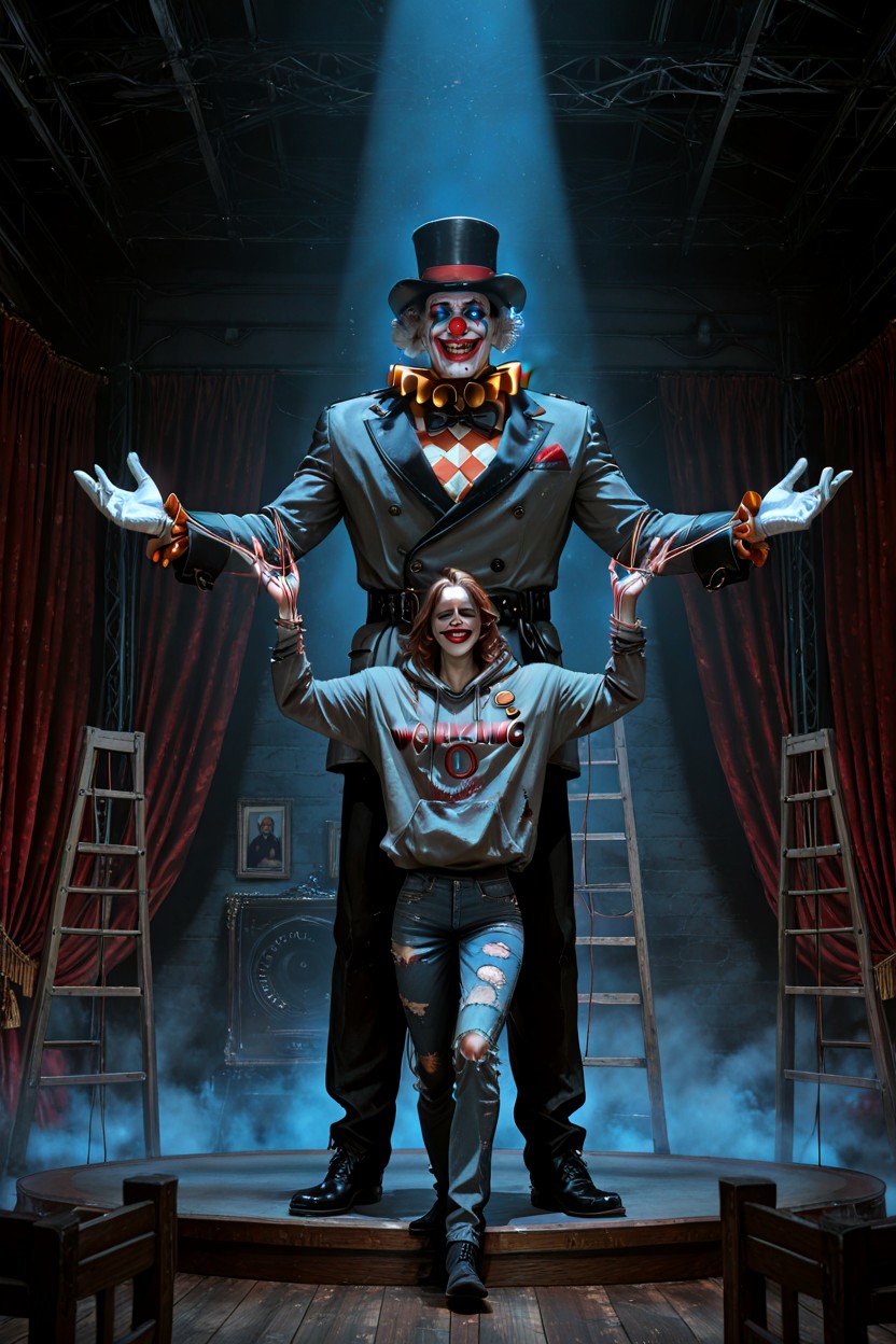 Vintage Circus Poster Are Visible In The Deep Shadows, Towering Clown Entity, Is A Colossal Hentai AI Porn