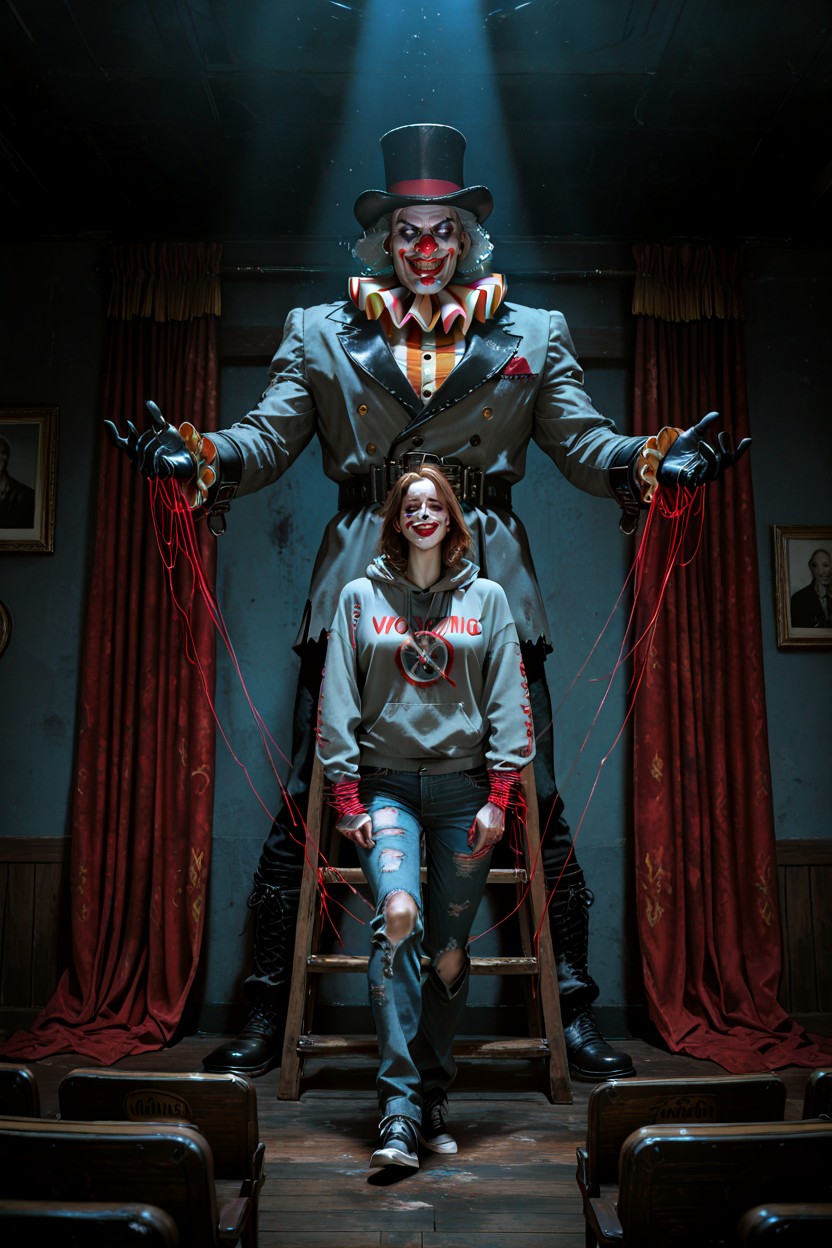 Towering Over The Entire Stage And The Man, A Complex System Of Strings And Wooden Control Bars Is Attached To His Wrists, A Life-size Adult Man Wearing A Worn Grey Hoodie And Jeans Stands Porno IA Hentai