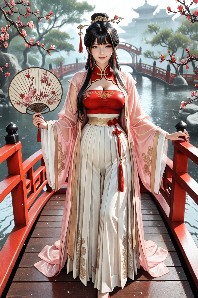 Pearl Hairpins, Red Long Chinese Moxiong Bandeau, Blooming Plum Blossoms Hentai AI Porn