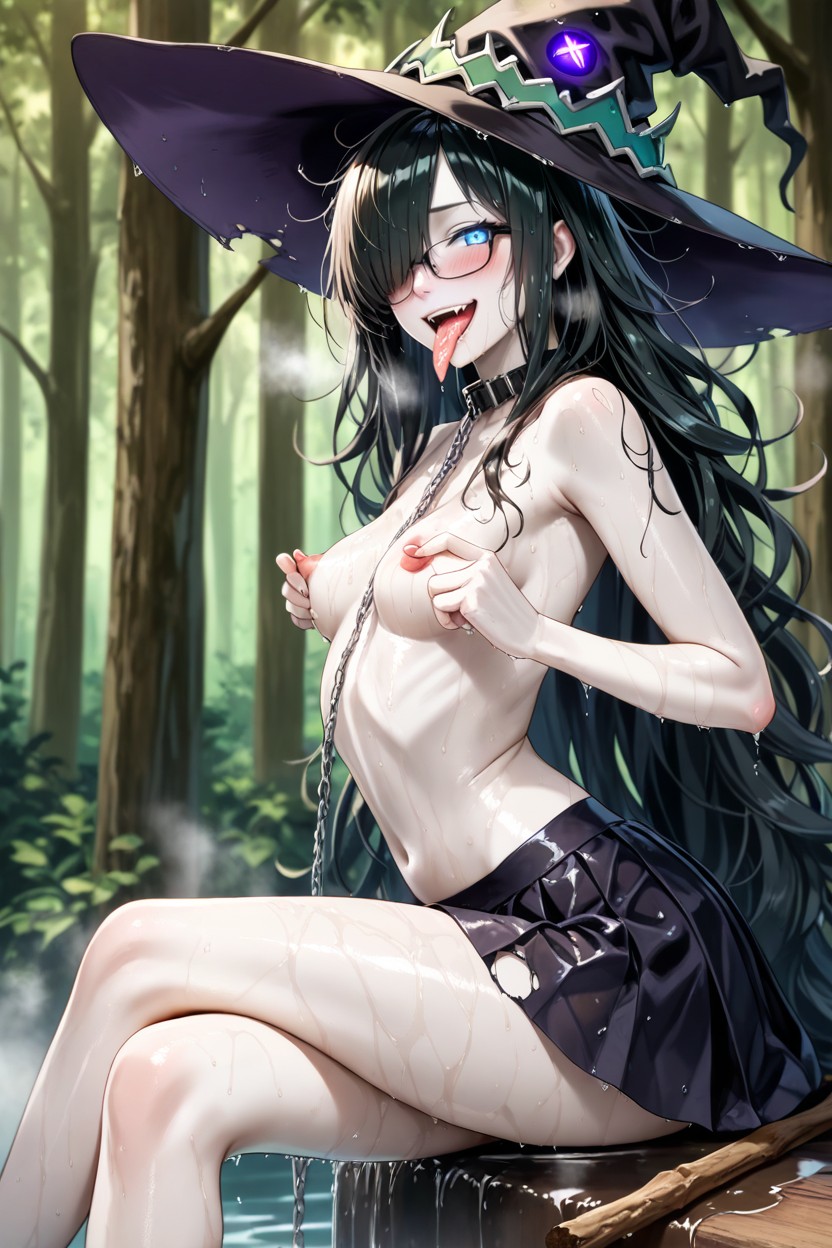 Look On Viewer, Rectangular Glasses With Black Frames, Black Hair Hentai AI Porn
