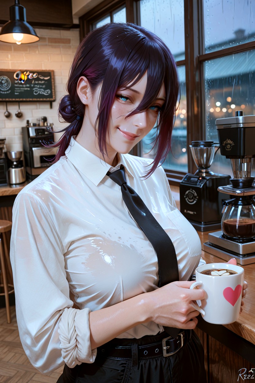 Sharp Blue Eyes, Professional Barista, Natural Breast Hentai AI Porn