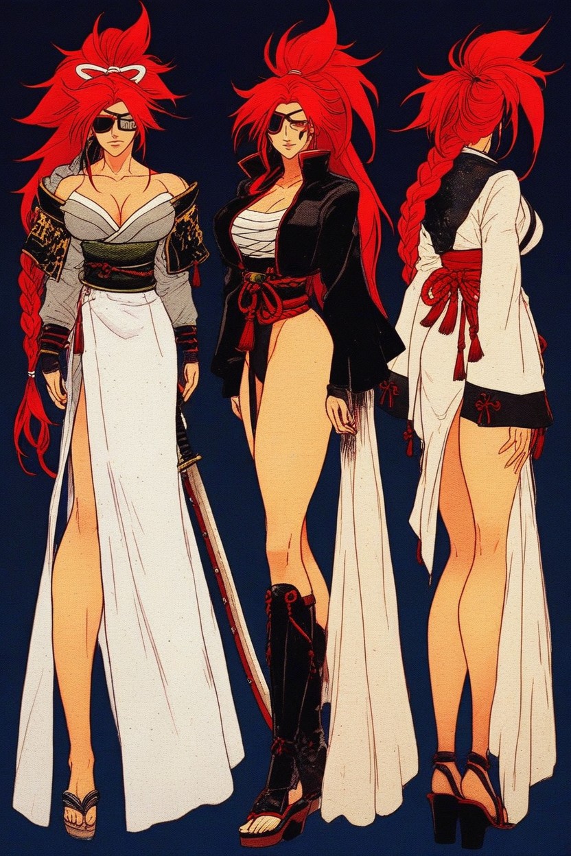 Full Body, Fitted Navy Obi Sash, Bold Anime Linework Hentai AI Porn