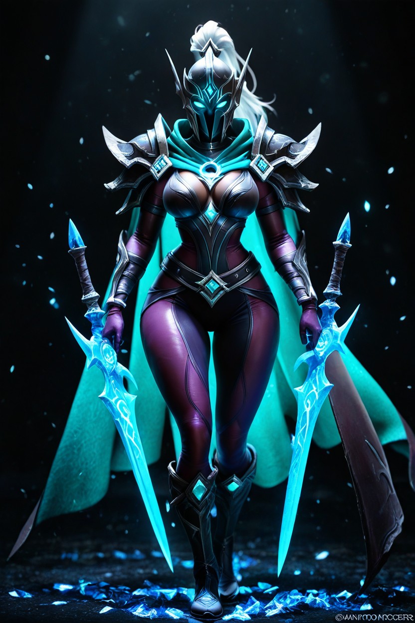 Phantom Assassin From Dota, Wearing A Sharp Dark Metallic Helmet, Dark Background Hentai AI Porn