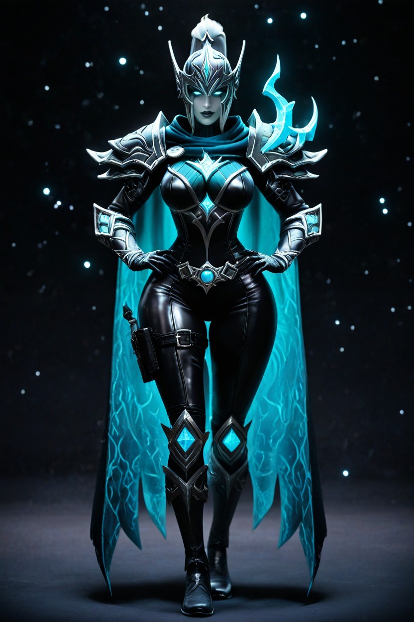Dota Splash Art Style, Glowing Magical Particles Floating Around, Hands Resting On Her Hips Hentai AI Porn