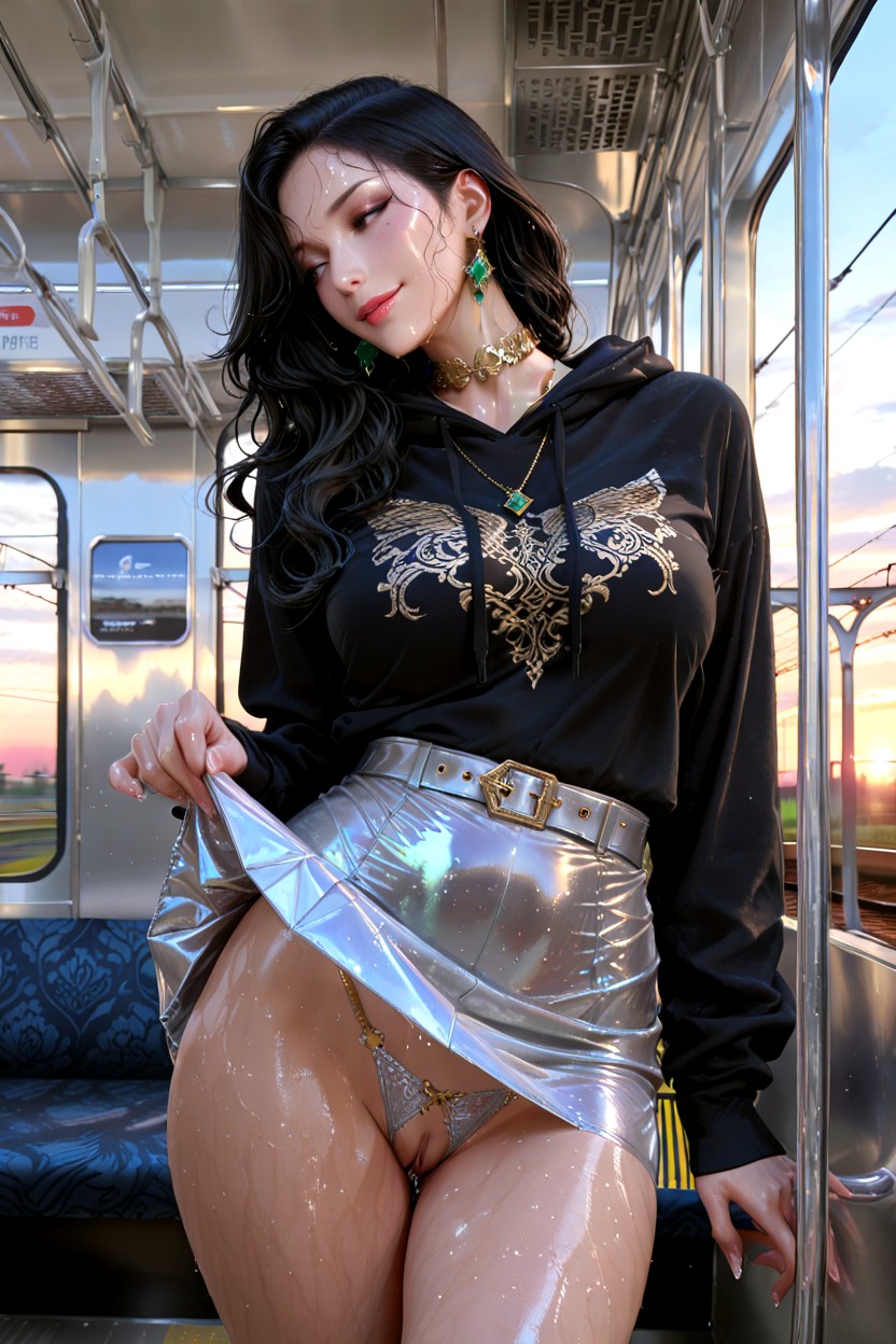Shiny Metallic Silver Skirt Rolled Up, Looking Away, 18+ Hentai AI Porn