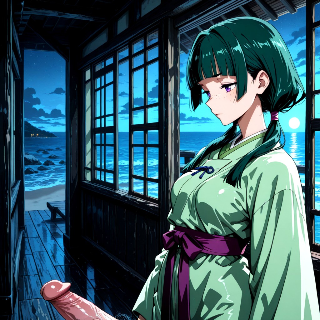Blunt Bangs, Dark Green Hair, Very Compact Breasts Hentai AI Porn