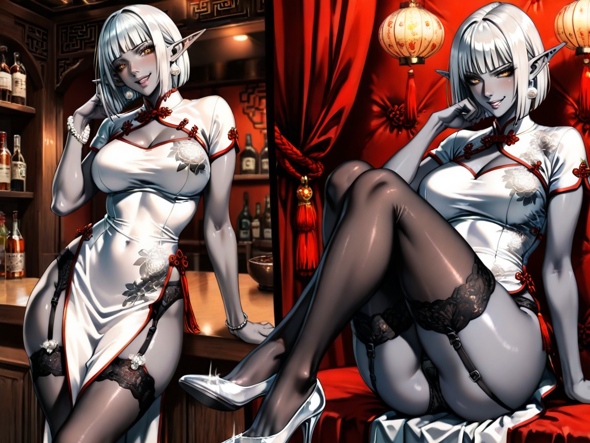 White Hair, Long Elf Ears With Earrings, Sadakage Art Style Hentai AI Porn