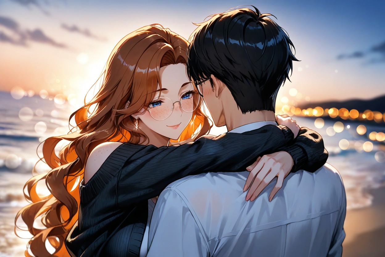 Man Wearing White Office Shirt, Arms Wrapped Around His Neck, Blue Eyes Hentai AI Porn