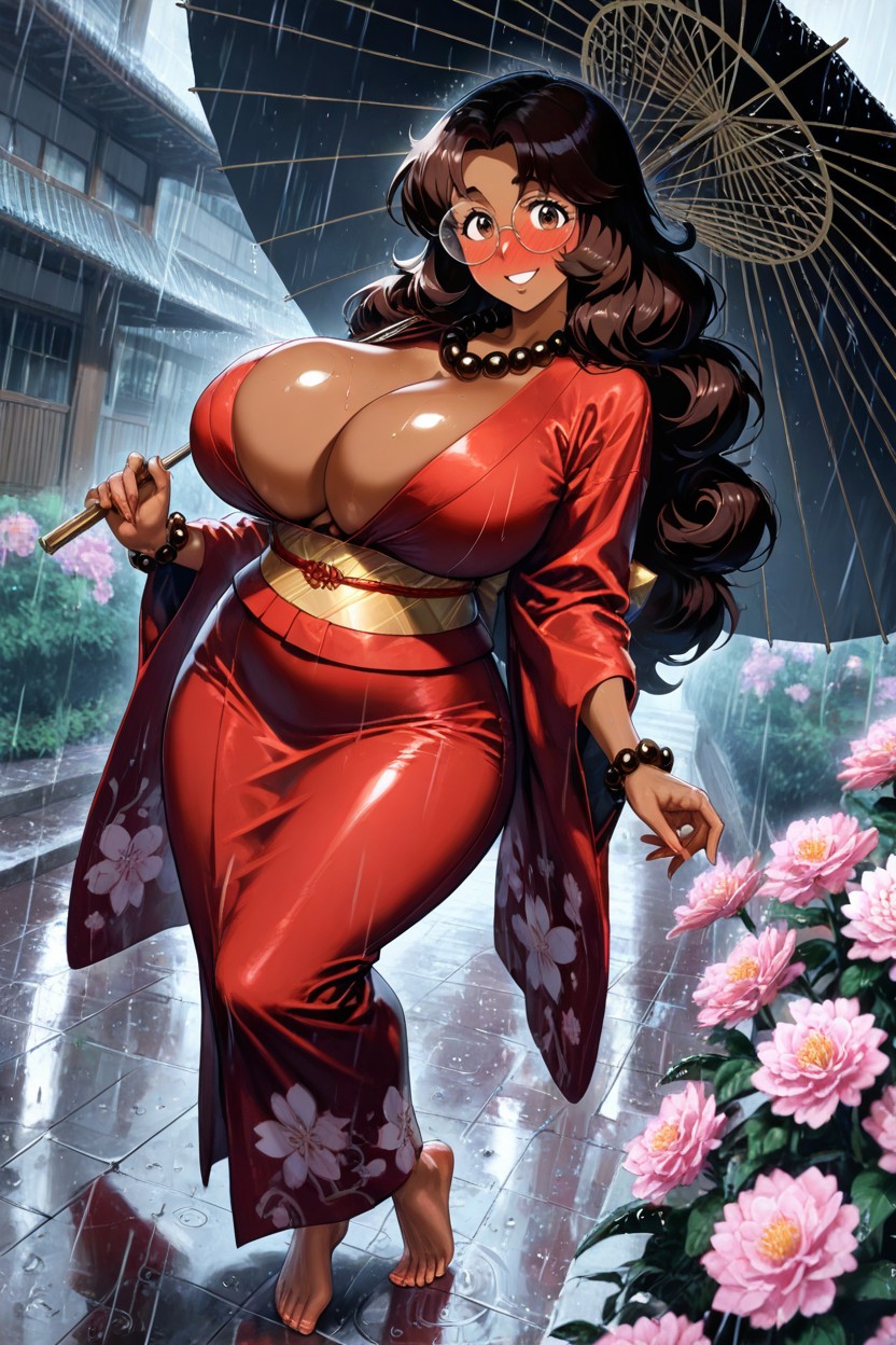 Connie Wearing Traditional Japanese Red Kimono, Dekollete, Es Regnet Hentai KI Porno