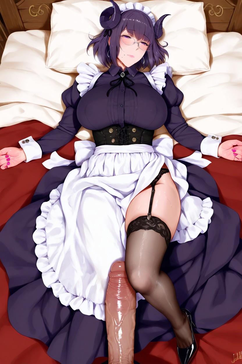 Garter Belt, Demon Round Horn, Bold Pink Lipstick Hentai IA