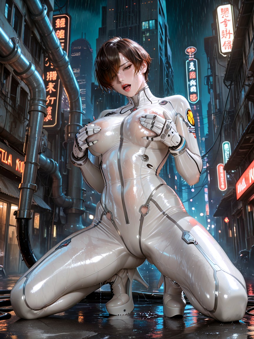 Neon Hong-kong-aesthetic Chinese Character Signage, Small Breasts, Evie From Stellar Blade Bloodrain Hentai AI Porn