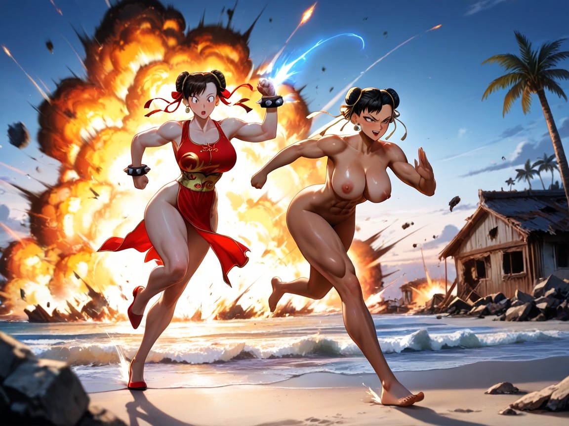 Duo, Red Heels Chasing Chun Li Shooting Energy Blasts At Chun Li, Energy Blasts ヘンタイAIポルノ